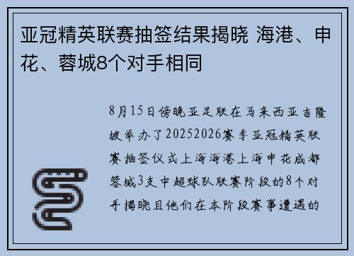 亚冠精英联赛抽签结果揭晓 海港、申花、蓉城8个对手相同